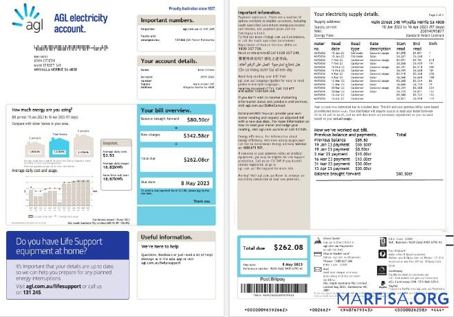 Blank Australia AGL electricity account energy utility bill Word and PDF formats (2) real example